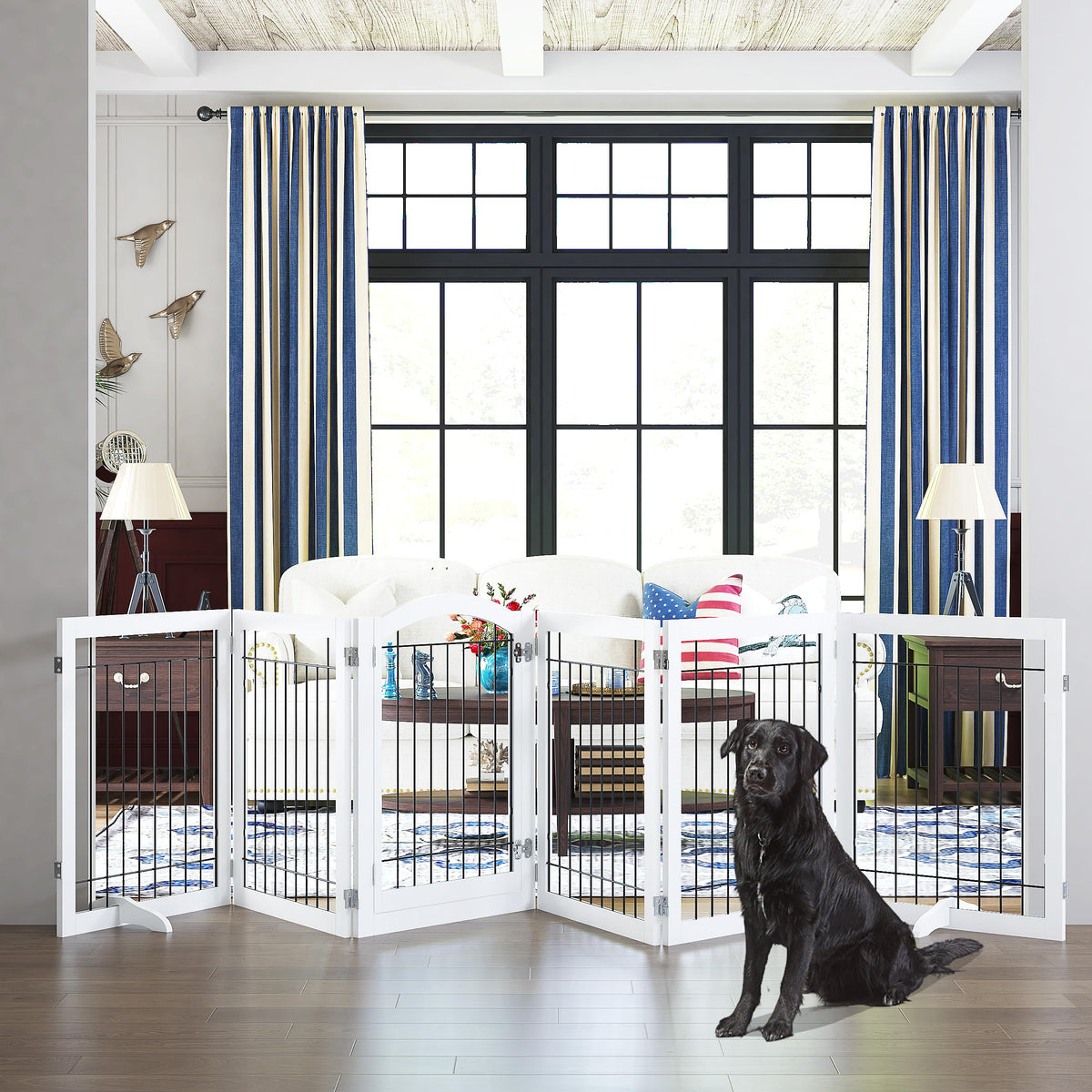 PAWLAND 144-inch Extra Wide 30-inches Tall Dog gate with Door Walk Through, Freestanding Wire Pet Gate for The House, Doorway, Stairs, Pet Puppy Safety Fence, Support Feet Included, White,6 Panels