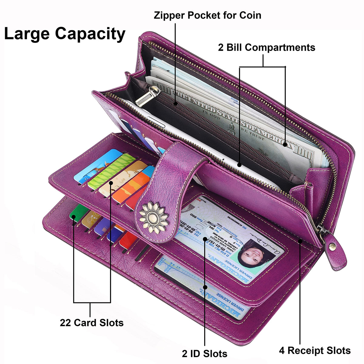 Lavemi Womens Large Capacity Genuine Leather RFID Blocking Wallets Wristlet Clutch Card Holder(Dark Purple)
