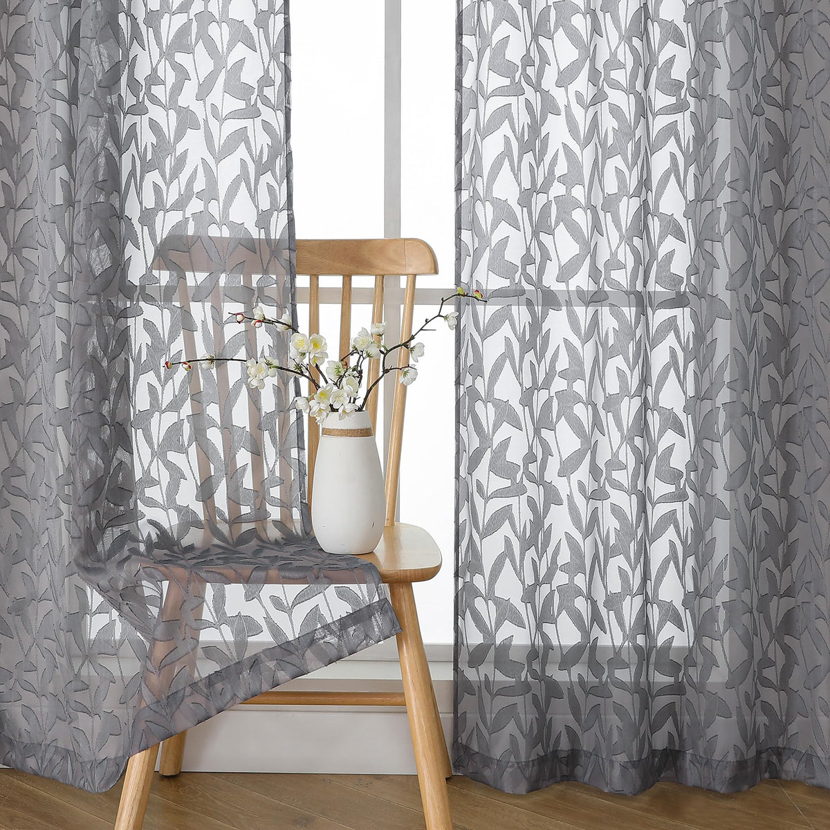 OWENIE Leyna Charcoal Gray Sheer Curtains 84 Inches Long for Living Room Bedroom 2 Panels Set, Modern Clip Jacquard Leaves Textured Light Filtering Curtains, Double Rod Pockets Drapes, 40Wx84L Inch