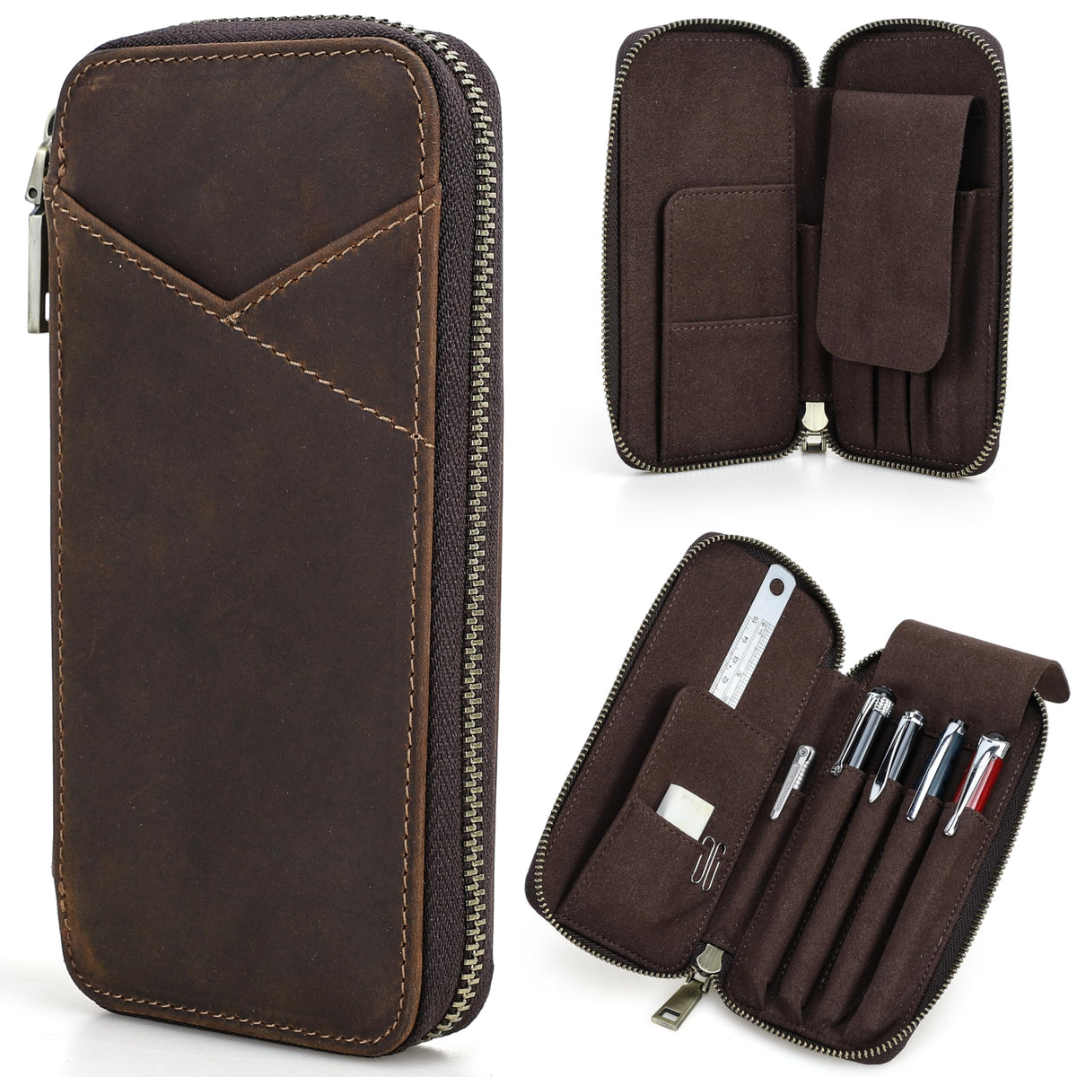 CataPurus Top Grain Genuine Leather 4 Fountain Pen/Pencil Case Pouch, Handmade Minimalist Design, Zipper Closure with Multi-Function & Slots, Gift Choice for Man/Woman/Office, Matte Coffee, 4 Slots