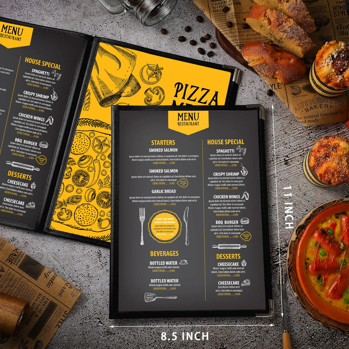 Henoyso 20 Pcs 8.5 x 11 Inch Menu Covers 4 Page 8 View Transparent Restaurant Covers Book Fits A4 Size Paper, Bar Cafe Clear Menu Holder Folder with Leatherette Trim and Decorative Corners, Black