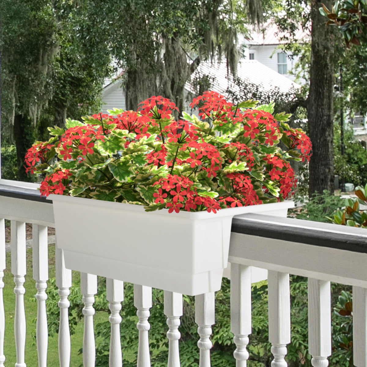 Railing Planter Box 2-Pack - 20.75-Inch Flower Boxes with Removable Drainage Inserts - 6-Gallon Outdoor Planters for Porch, Deck, or Balcony Decor, Fits Rail 3” - 4” by Pure Garden (White)