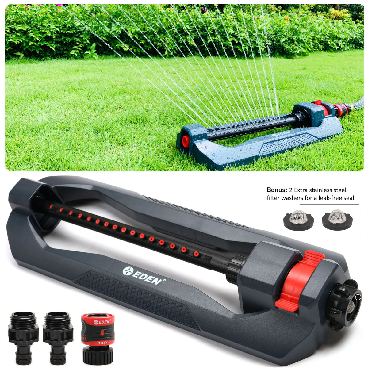 Eden 96213 Essential Turbo Oscillating Water Sprinkler,Covers Up to 3,600 sq. ft.,16 Nozzles,Weighted Base,Adjustable Range,Quick Connect Bundle,Dark Grey,Red,Silver,(Pack of 12)