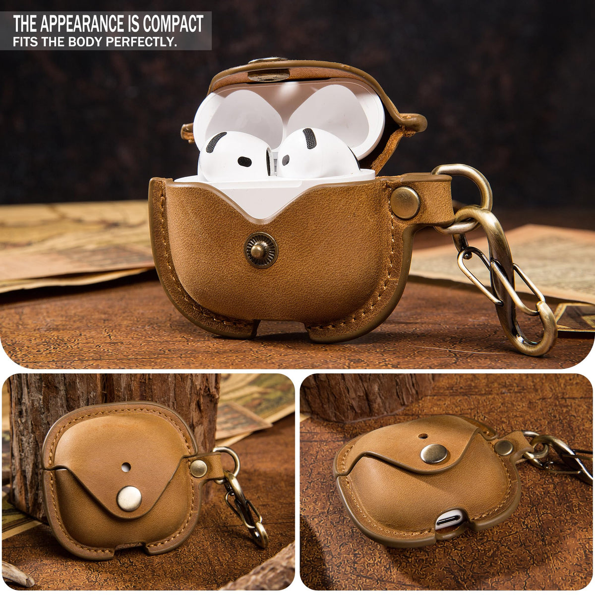 for Apple Airpods 4 (2024 Release), Elegant Retro-Style Crazy Horse Leather Case Cover with Keychain, Supports Wireless Charging, Features Front LED Visibility for Easy Status Check (Brown)