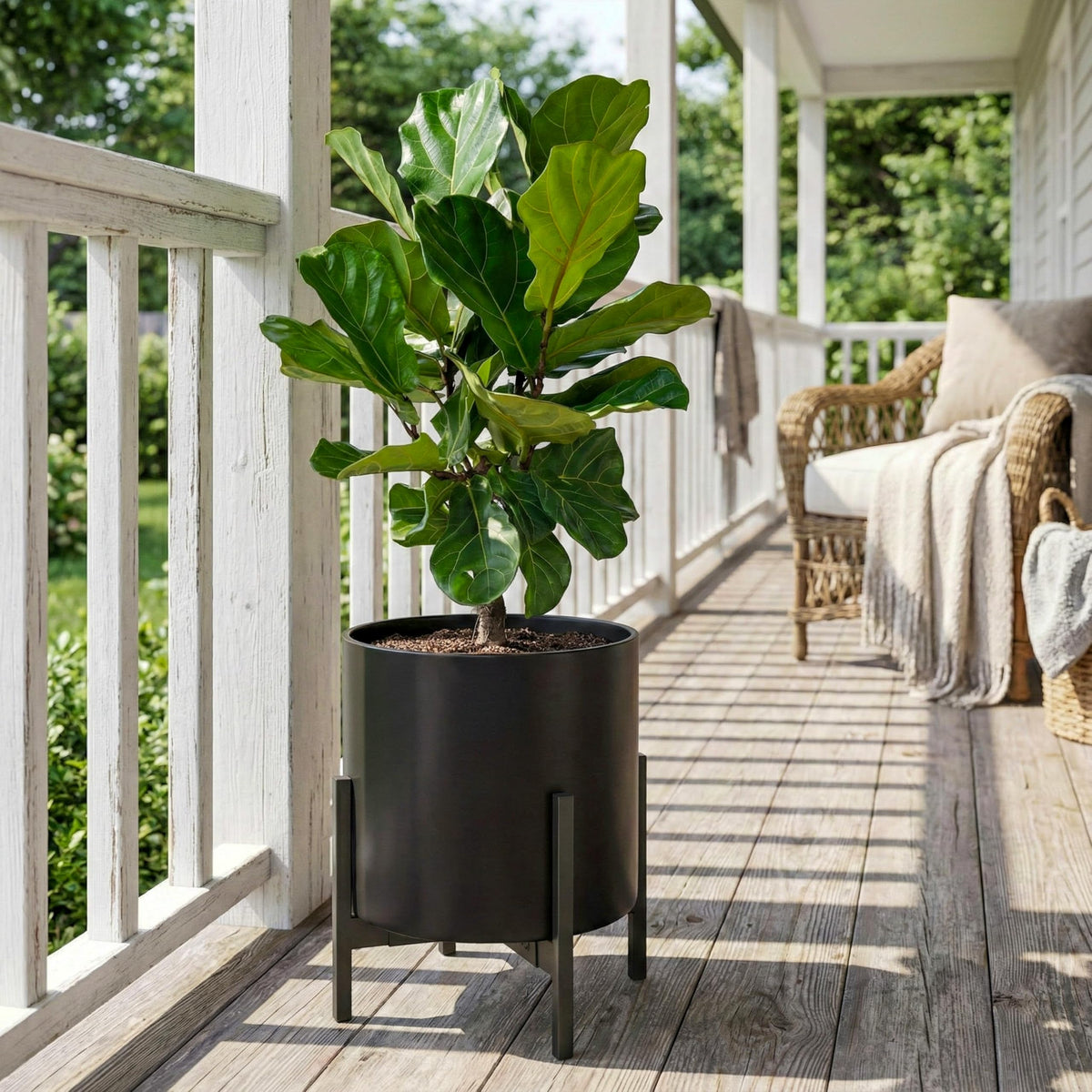 FaithLand 14 Inch Fiberstone Planter - Lightweight Modern Cylinder Plant Pot with Drainage Hole & Plug, Indoor Outdoor Use, Matte Black