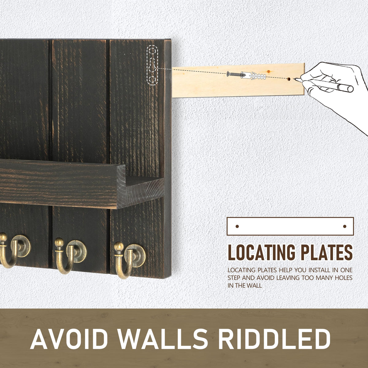 Rebee Vision Pine Wood Key Holder Wall Mount with Floating Shelf – Farmhouse Key Holder for Wall to Maximize Storage Solutions – Mail Organizer for Office Decor (3.54" x 10" x 7.28", Distressed Black)