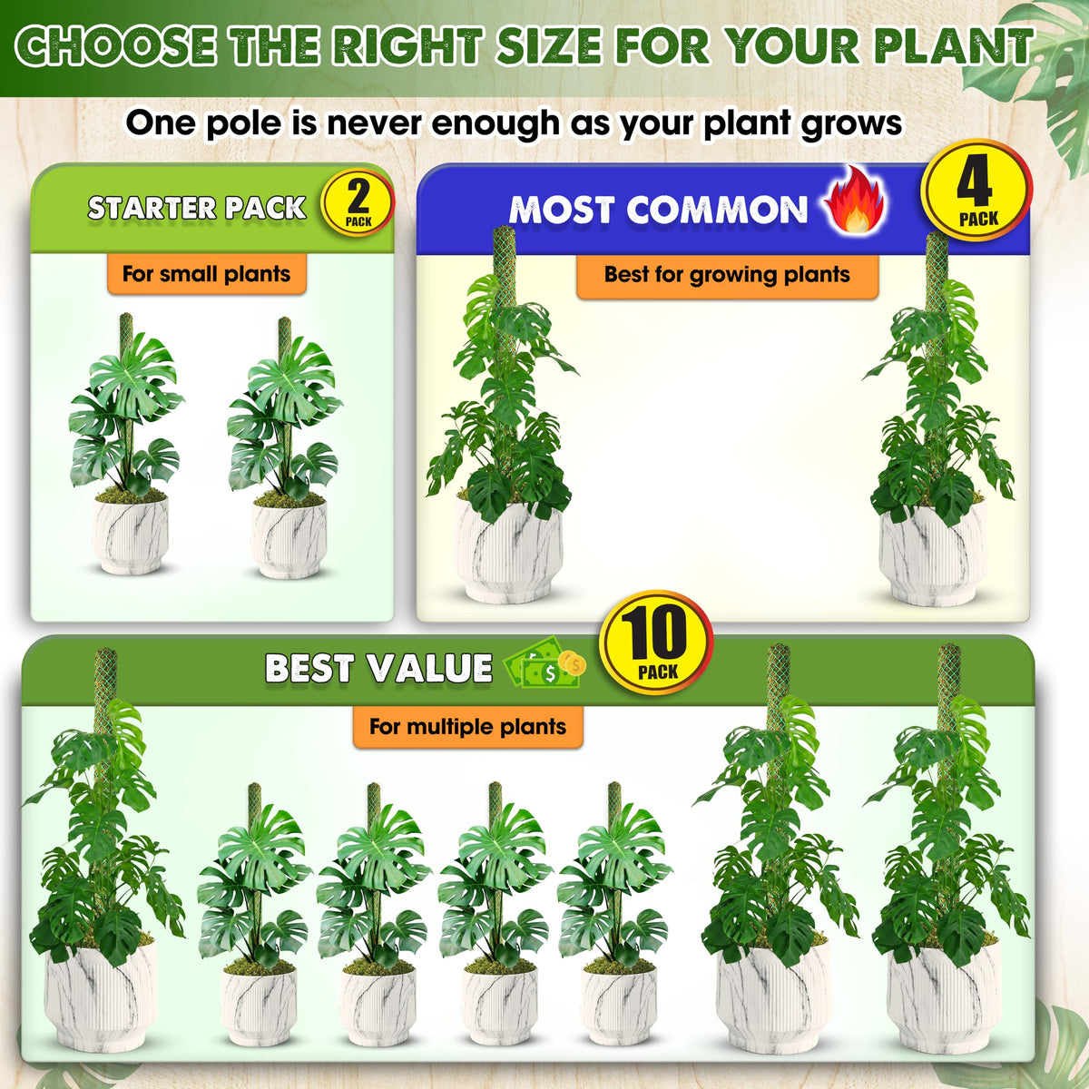 DUSPRO 2 Pack 22" Green Stackable Mesh Moss Pole for Plants – Extendable Up to 39", Natural Forest Moss Pole Monstera Plant Support, Moss Stick for Climbing Plants, Indoor Plant Stakes Accessories