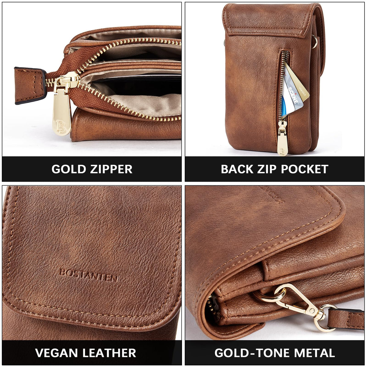 BOSTANTEN Vegan Leather Small Crossbody Bags for Women Designer Cell Phone Bag Wallet Purses Adjustable Strap Retro Brown