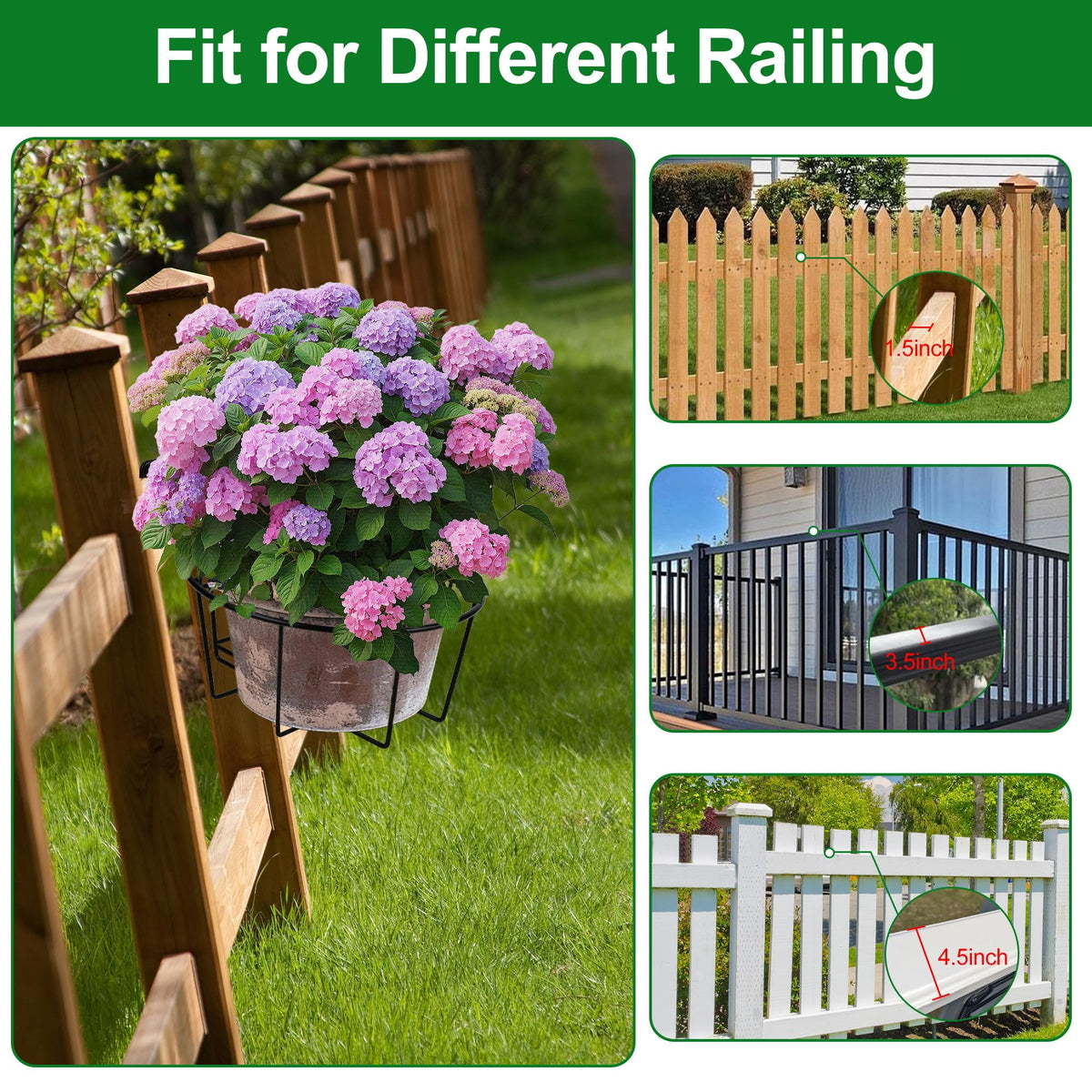 OYMVEKIK Adjustable Hanging Railing Planter, 3 Pack Fit 1.5 to 4.5 Inches Railing, Weather-Resistant Metal Balcony Rail Planters, Work for Outdoor Fence Deck Garden Patio Halloween Christmas Decor