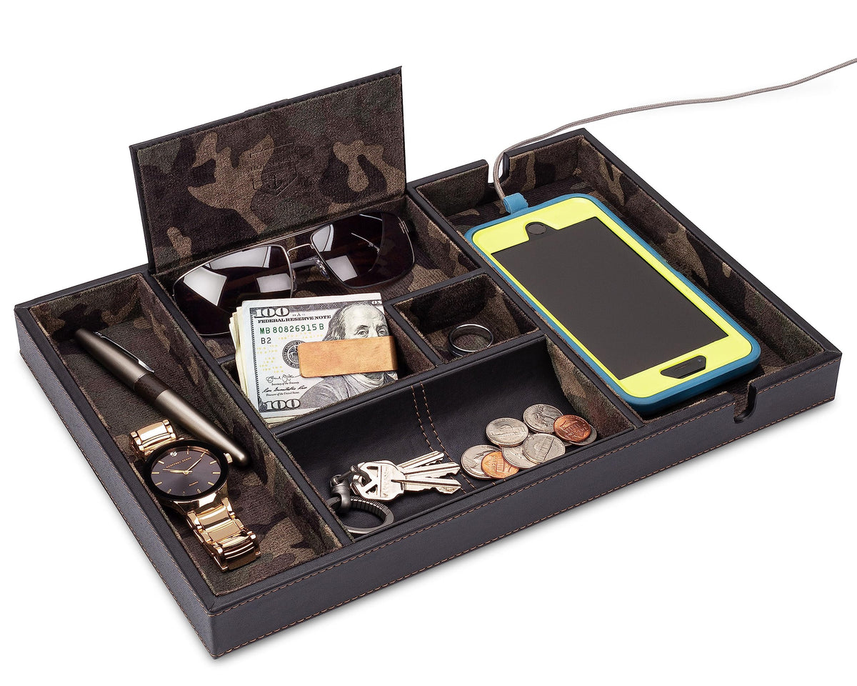 HOUNDSBAY Victory Valet Tray for Men, Camo Gifts for Men, Handmade PU Leather EDC Tray, Scratch Resistant, Nightstand Organizer - Black Woodland Camo