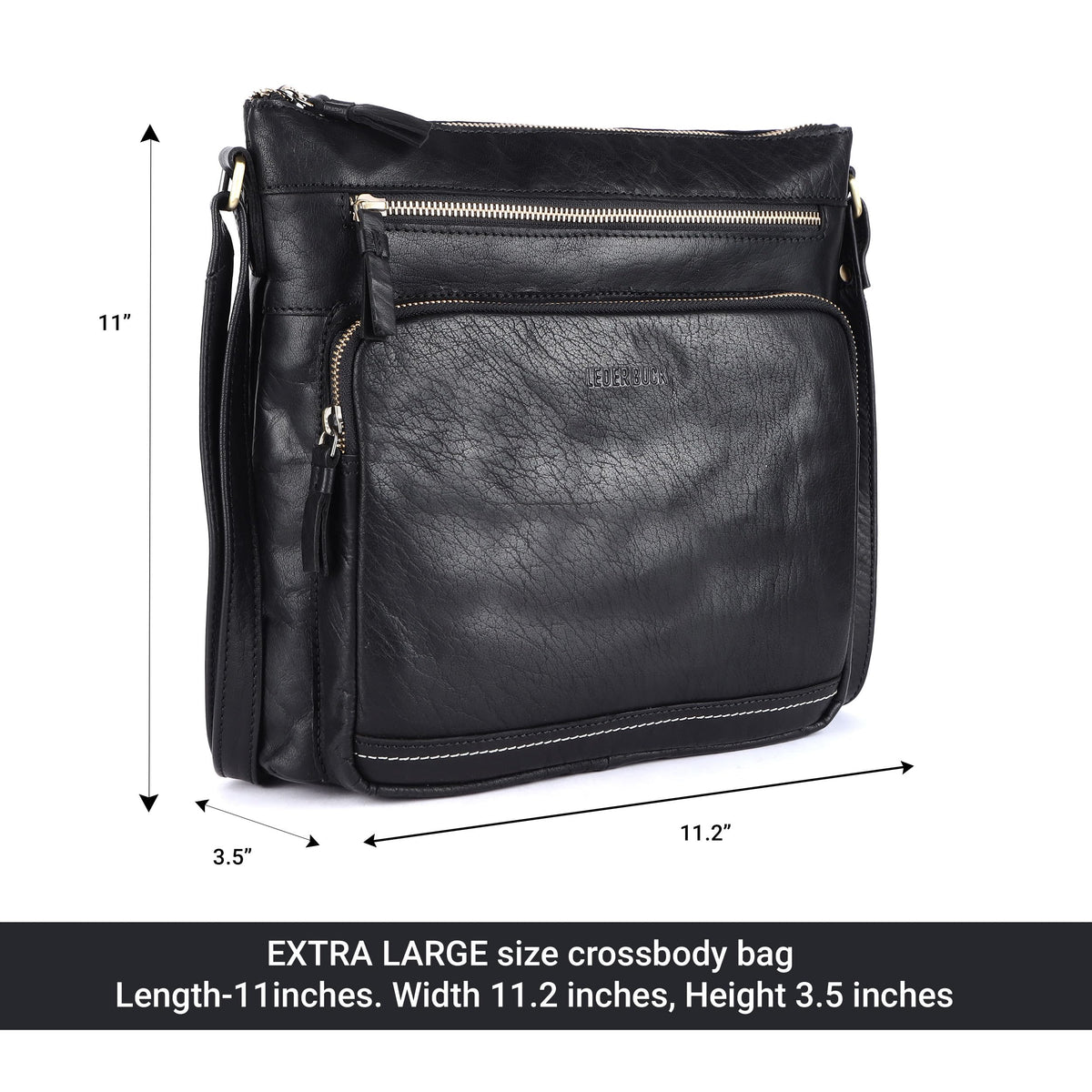 LEDERBUCK Olga Women's Extra-Large Genuine Leather Crossbody Purse – Soft Triple-Zip Shoulder Bag (Black)