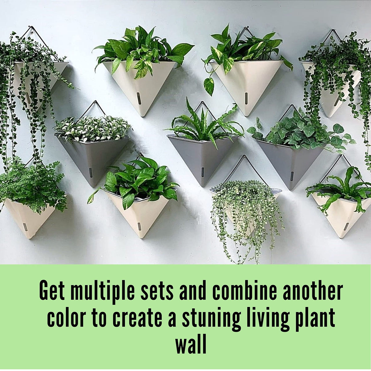 LaLaGreen Bundle - 12" x 6 Pack Gray Large Self Watering Wall Hanging Planters for Indoor Plants Gray Wall Mount Triangle Geometric Flower Vase Pot Black Metal Hanger Living Wall Decor