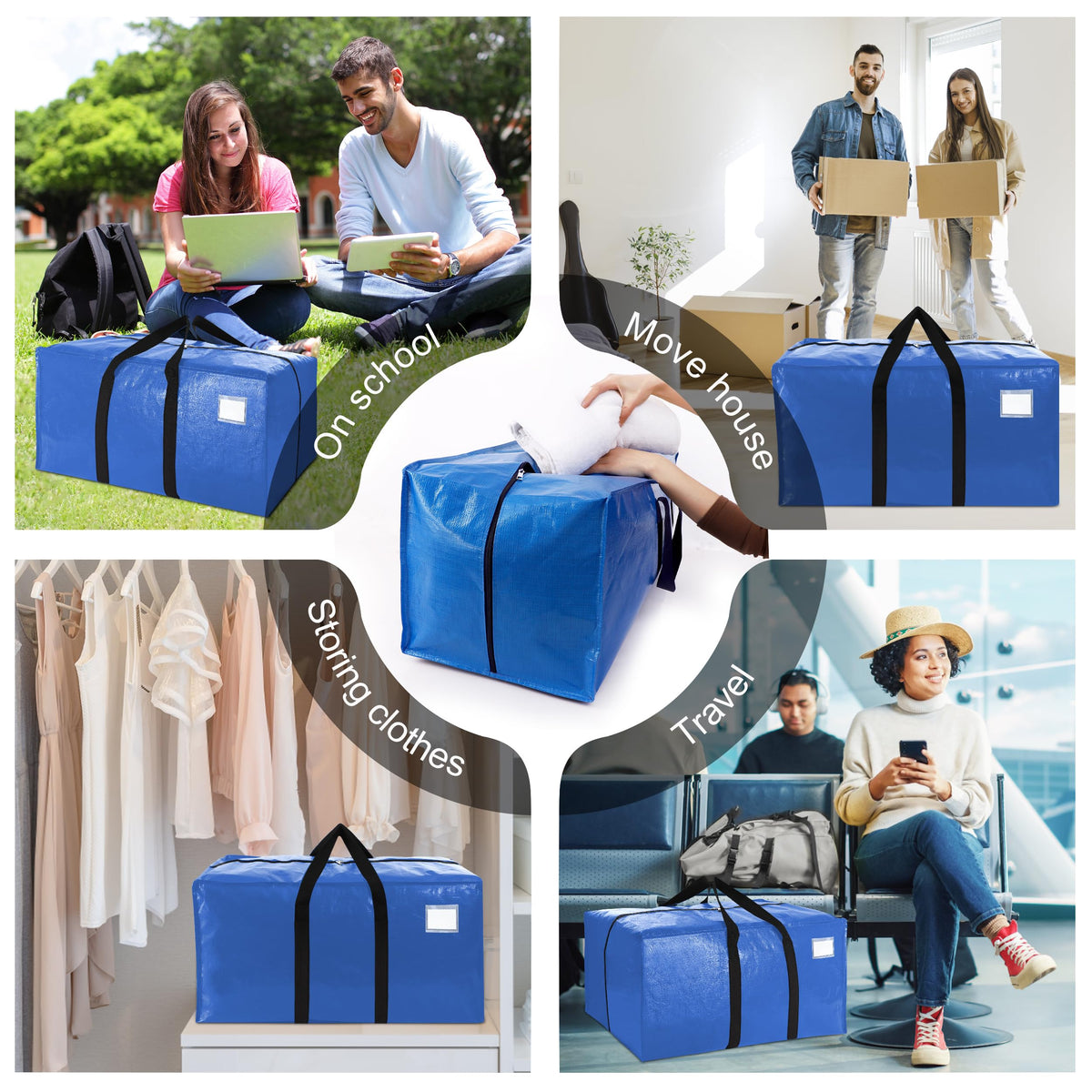 VELVETSURE Heavy Duty Extra Large Moving Bags W/Backpack Straps - Strong Handles & Zippers, Storage Totes For Space Saving, Fold Flat, Alternative to Box and Bin (Set of 6, Multicolor)