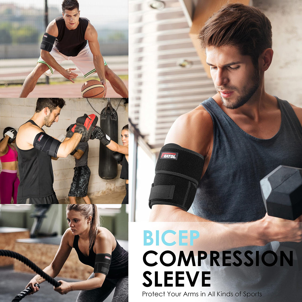 FEATOL Bicep Tendonitis Brace Compression Sleeve Support, Upper Arm Brace Tricep Bicep Support Bands for Men and Women, Arm Wrap Pain Relief for Muscle Strains and Inflammation(Black, Large)
