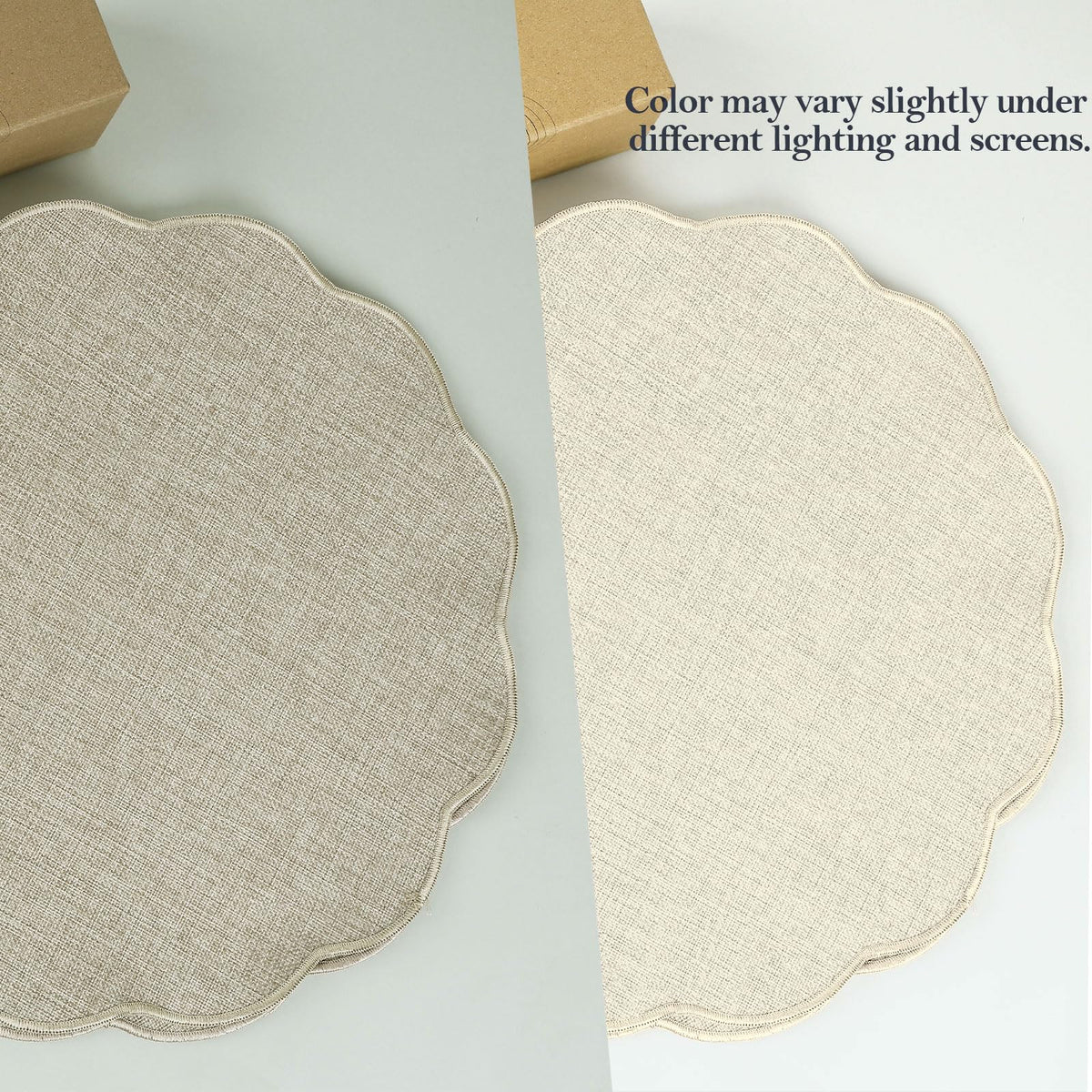 AHHFSMEI Round Faux Linen Placemats Set of 6 Waterproof Table Mats Heat Resistant Non-Slip and Stain Proof for Kitchen Dining Elegant Decor (Beige,6)