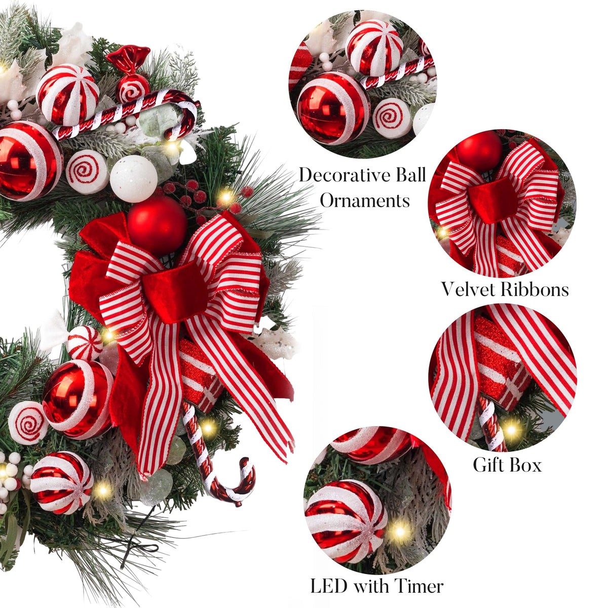 Valery Madelyn 30'' Pre-Lit Christmas Wreath for Front Door with Lights, Large Lighted Outdoor Christmas Wreath with Red White Xmas Balls & Bow for Home Porch Fireplace Window Holiday Wall Decor