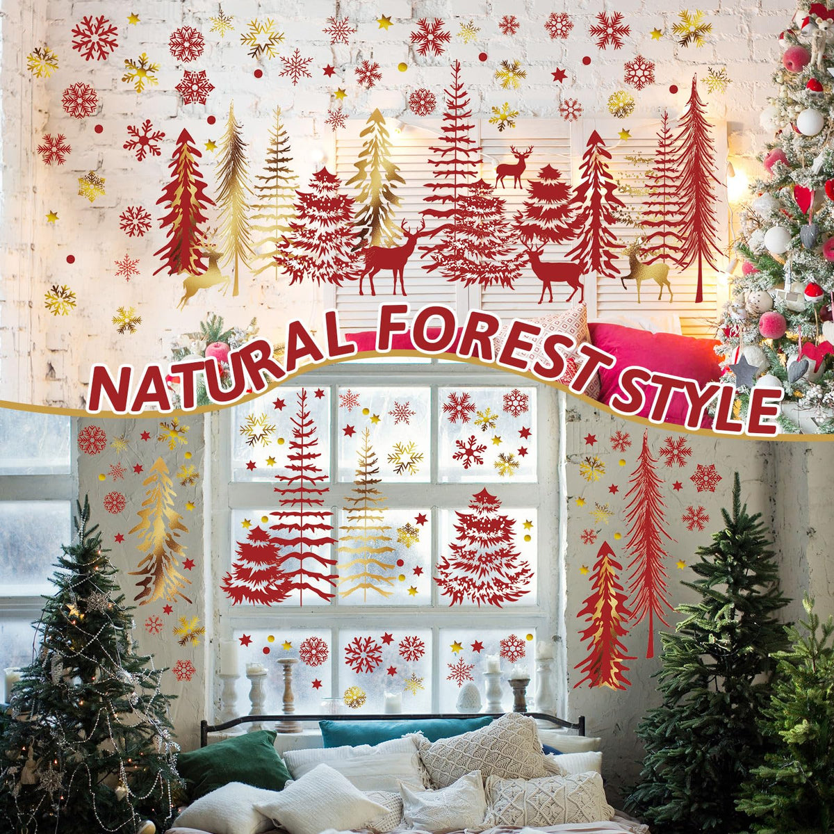 Teling 8 Pieces Winter Snowflake Wall Decals Stickers Dreamy Nursery Forest Woodland Trees Deer Pine Tree Wall Decals for Kids Room Winter Decor(Red, Gold)