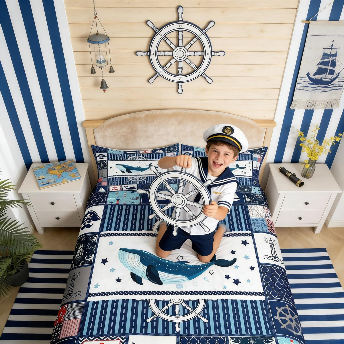 Homewish Sea Whale Duvet Cover Set Full Size,Nautical Anchor Ship Rudder Plaid Comforter Cover with 2 Pillowcases,Navy Blue Ocean Geometric Breathable Bedspread for Boys Teens,Pillow Sham