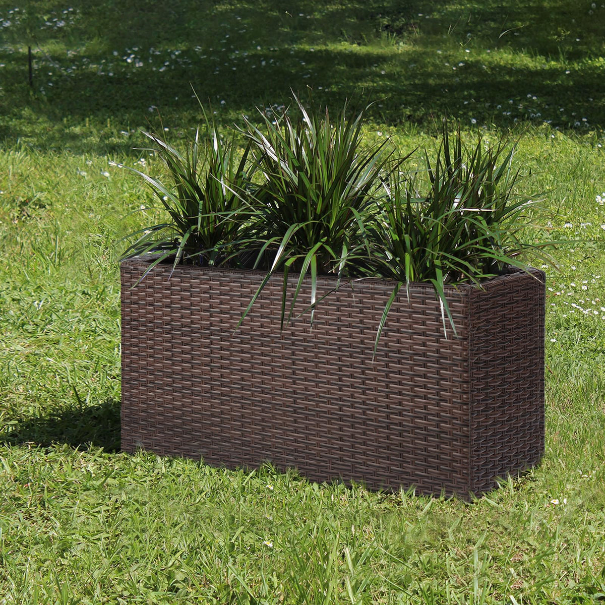 SUNNYPARK Brown Rectangular Planter Box All-Weather PE Rattan Large Modern Planters with Removable Liner Indoor Outdoor Decorative Flower Pot for Patio, Balcony, Garden
