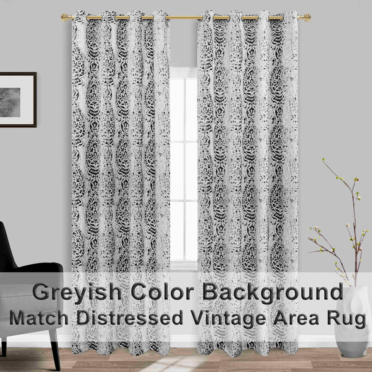 Black and Grey Cream Living Room Curtains 84 Inches Long Damask Patterned Dark Light Blocking Window Treatments Room Curtains Drapes for Bedroom,52x84 Inch Length 2 Panels Set