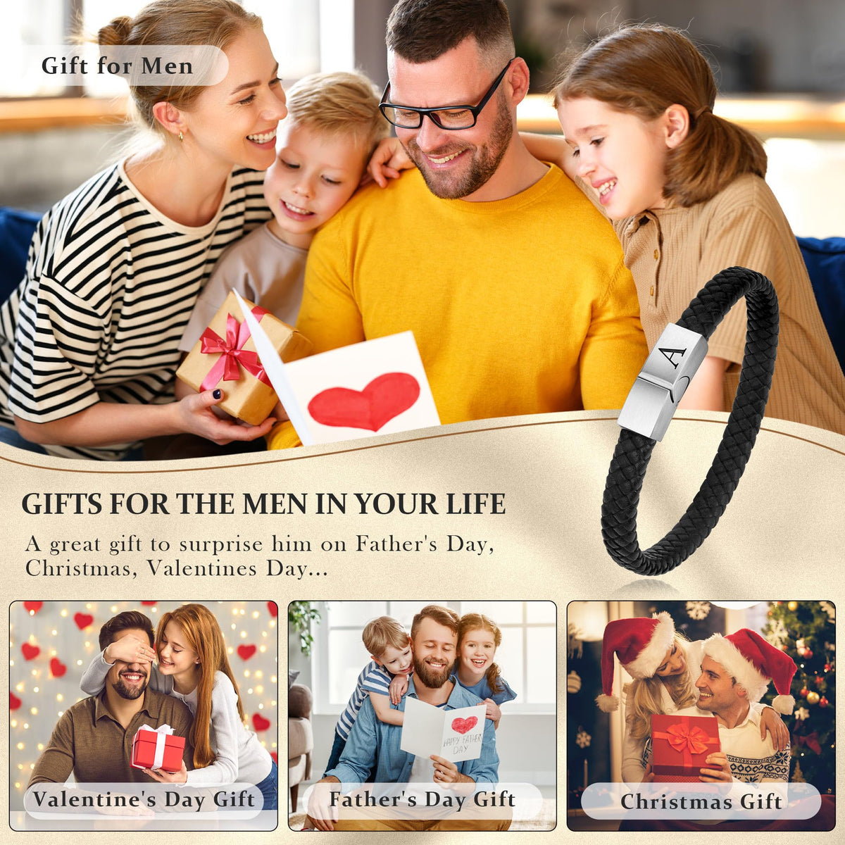 FOCOOG Gifts for Men Bracelet - Mens Bracelets with Initial Magnetic Clasp Gift for Husband Mens Leather Bracelets for Men Gift Initial A Bracelet for Men's Jewelry Men's Gifts for Dad Husband