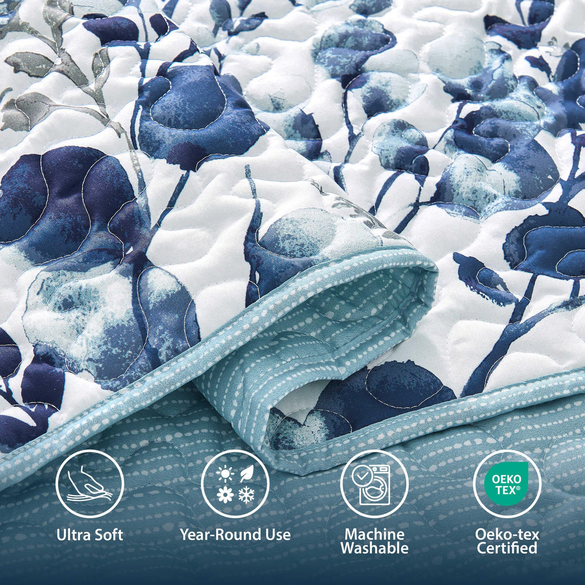 Regency Heights Quilt Set Quilted Bedspread Reversible Lightweight Floral Printed Oversized Quilted Bedding Set with Shams 2pc, Twin Size, Navy Blue