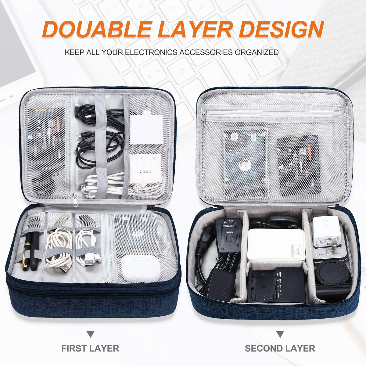 SELLYFELLY Electronic Bag Travel Cable Accessories Bag Waterproof Double Layer Electronics Organizer Portable Storage Case for Cable, Cord, Charger, Phone, Adapter, Power Bank, Kindle, Hard Drives