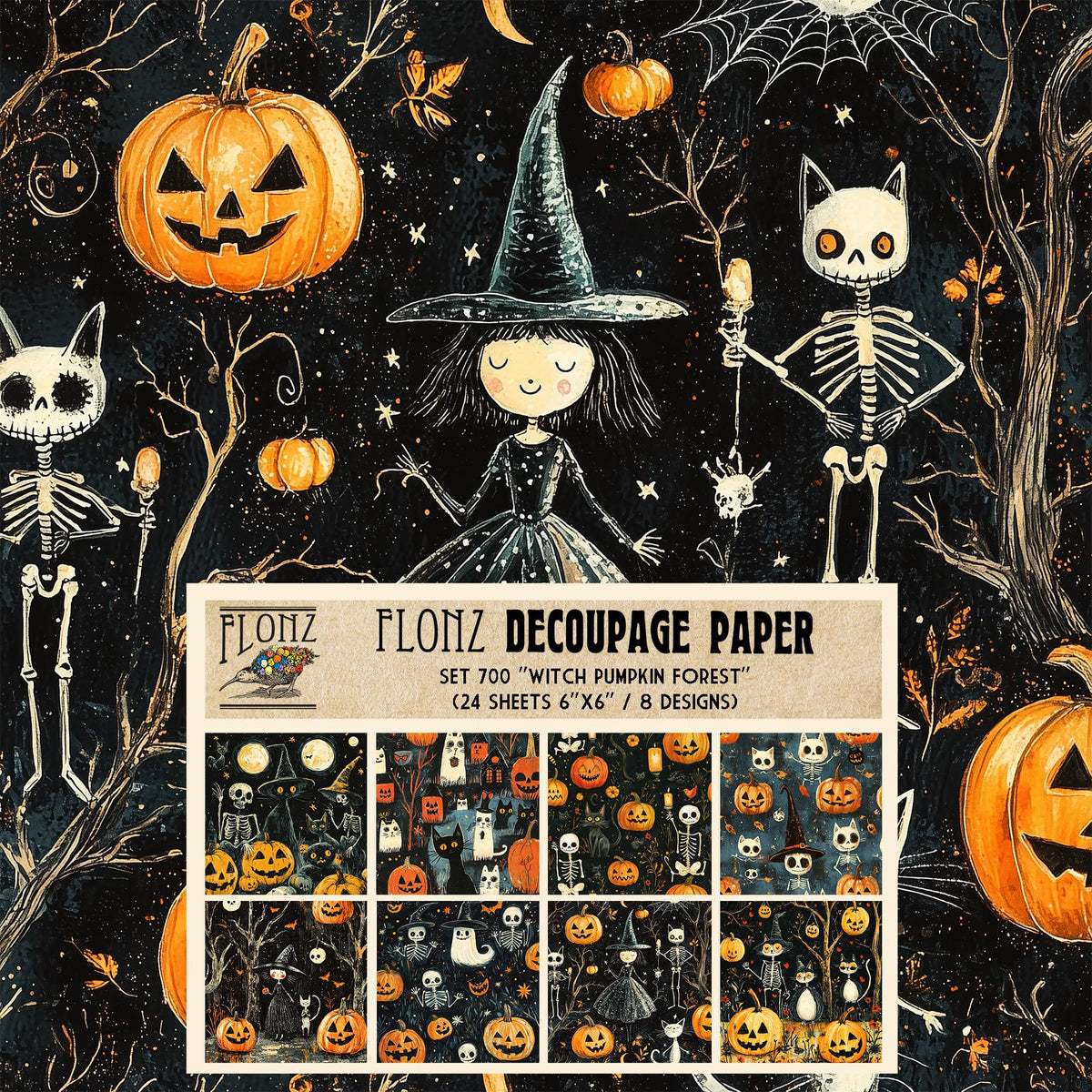 Decoupage Paper Pack (24 Sheets 6"x6") Witch Pumpkin Forest ~ Naive Style Characters with Witches, Skeletons, Pumpkins and Cats on Textured Dark Backgrounds
