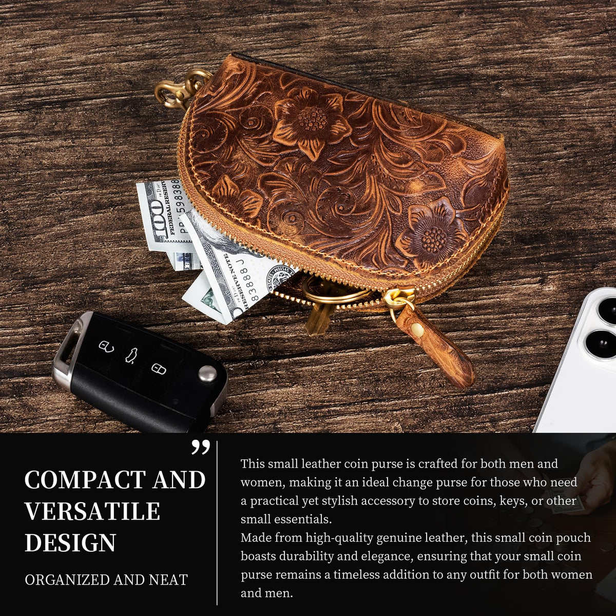 Gexmil Genuine Leather Coin Purse with Zipper, Full Grain Leather, Mini Coin Pouch for Women Men, Change Wallet,Floral Brown