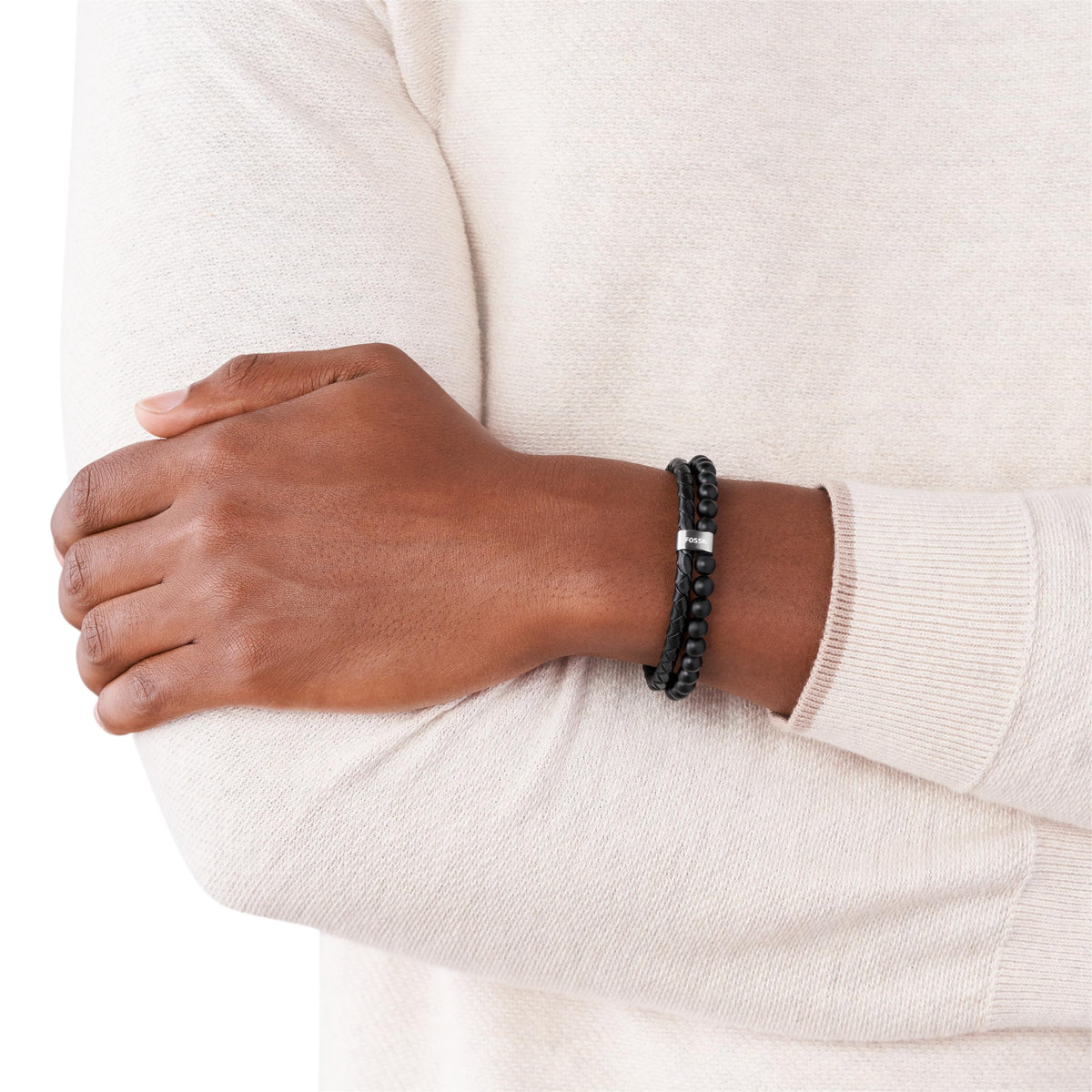 Fossil Men's Leather and Beaded Bracelet, Color: Black (Model: JF02763040)