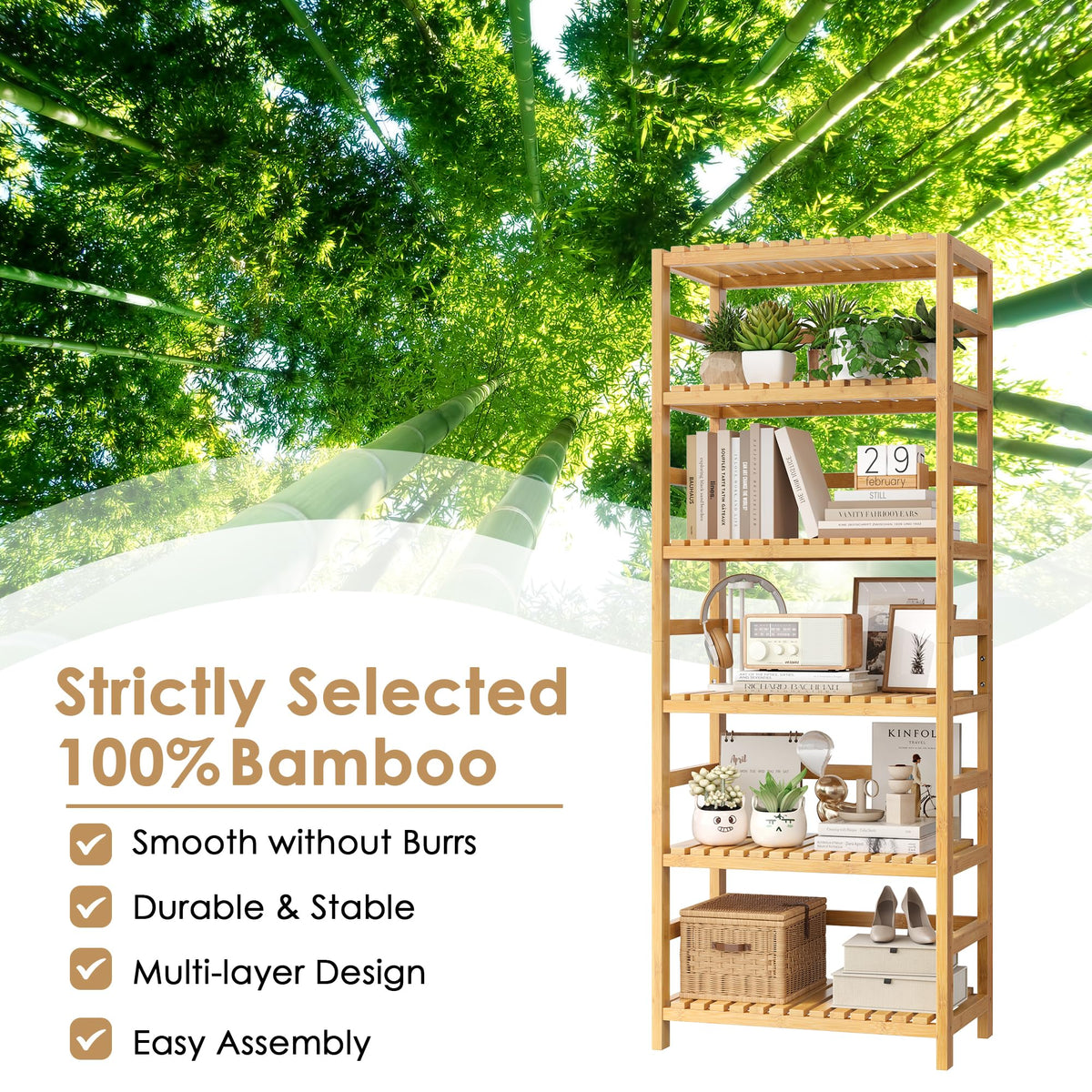 FOTOSOK 6-Tier Bamboo Shelf, Bamboo Bookcase with Adjustable Shelves, Free Standing Storage Shelf Unit, Plant Flower Stand for Kitchen, Bathroom, Home Office, Natural