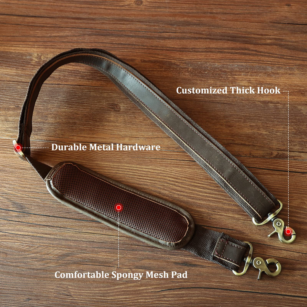 Polare Full Grain Leather Adjustable Replacement Shoulder Strap with Metal Hook for Briefcase Messenger Shoulder Duffel Bag Dark Brown