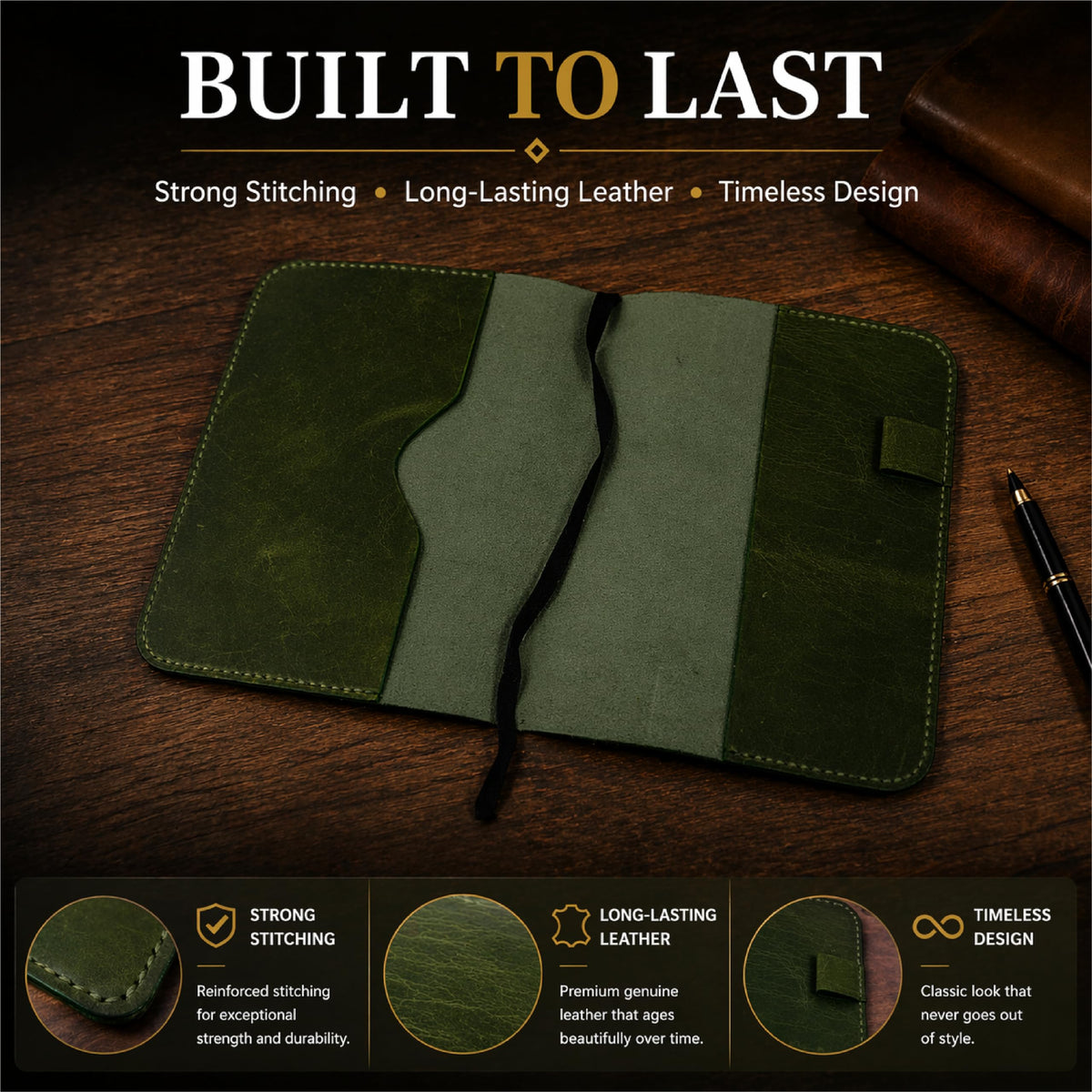TheAntiq Leather Journal Cover XL – Handmade Refillable Notebook Holder with Pen Loop, Writing Organizer for Office, Travel & Professional Use 7.5 x 9.8- Green