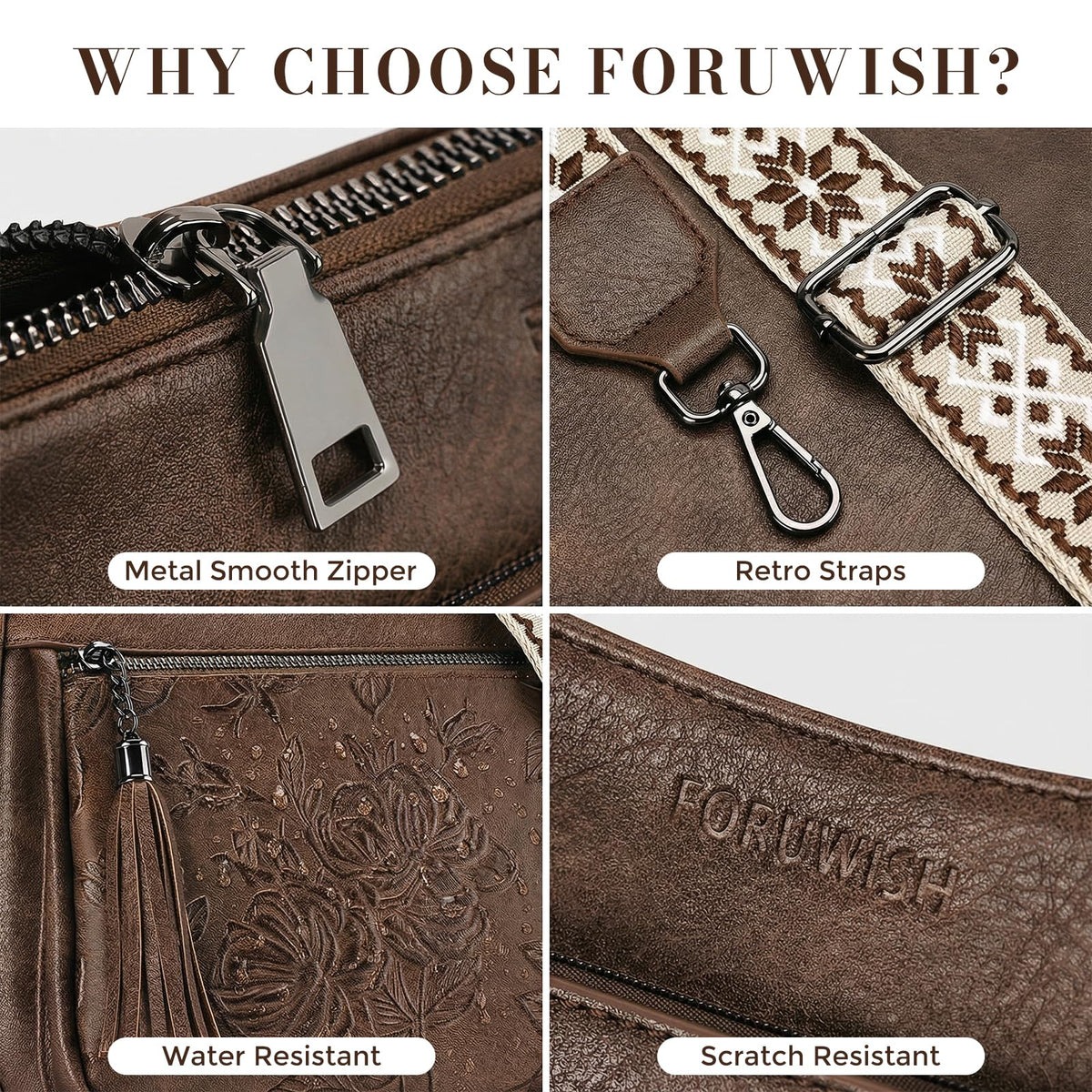 FORUWISH Crossbody Bags for Women, Coffee Brown Vegan Leather Medium Crossbody Purse, Spacious Daily Travel Shoulder Bag with Boho Strap
