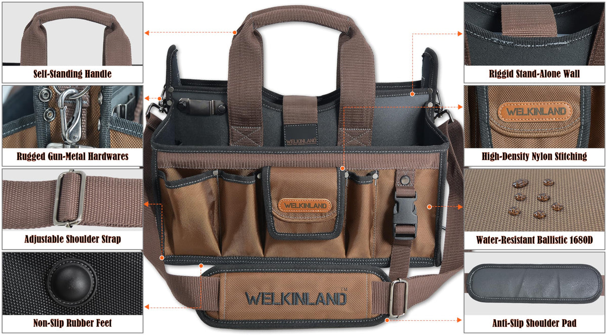 WELKINLAND 20-Pockets Tool Tote Bag, 16" Electrician Tool Bag, Open-Top Tool Bag, Stay-Up HVAC Tools Bag, Brown Tech Tools Bags, HVAC Bag, Tool Tote Bag With Handle