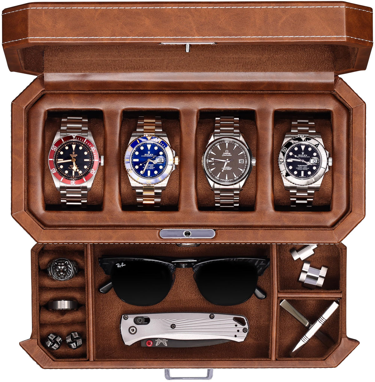 ROTHWELL 4 Slot Leather Watch Box with Valet Drawer - Luxury Case Display Jewelry Organizer, Locking Display Case Holder with Real Glass Top - Watch Box Organizer for Men & Women (Tan)