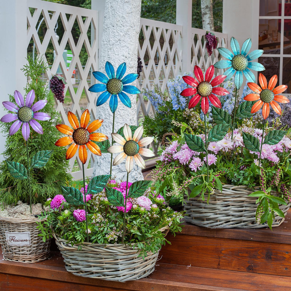 HUTHDAK Metal Flowers for Outside,8 Pack 16.15" Decorative Garden Stakes with Swaying Flowers Head Yard Art,Spring Garden Decor for Lawn, Pathway & Garden