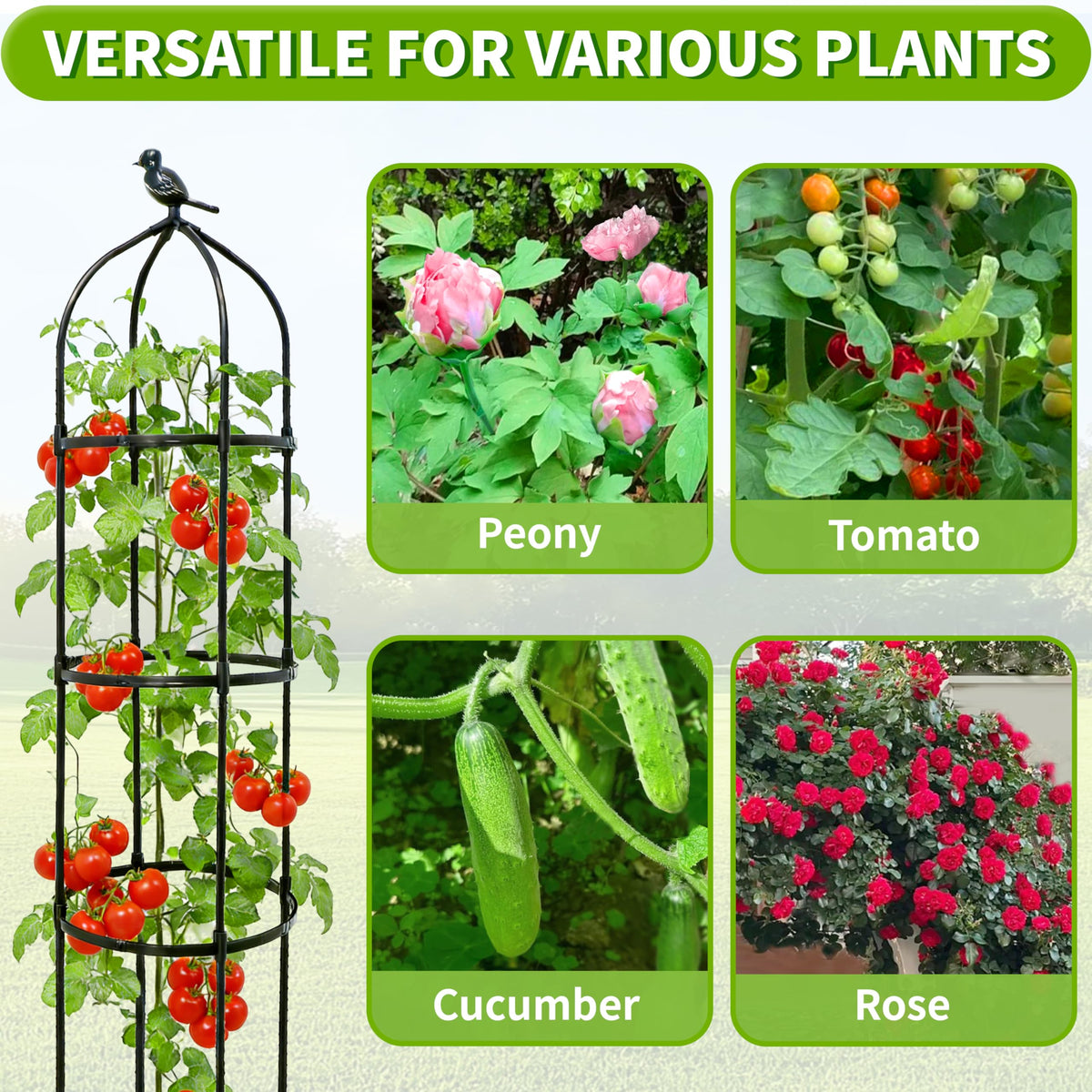 6.7FT Garden Obelisk Trellis for Climbing Plants,Adjustable 5-Tier Metal Plant Support,Rustproof Outdoor Plant Tower with 3 Decorative Tops for Roses,Tomatoes,Clematis & Vines,Black