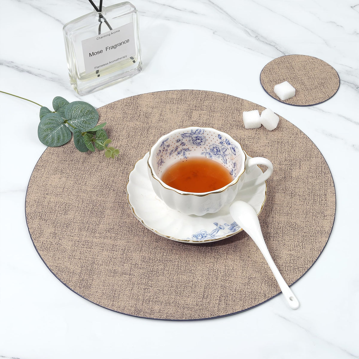 Cloth Leather Round Placemats, Gray and Beige Double-Sided Heat-Resistant Placemats and Coasters Set of 4, Small Placemat for Dessert Plate Easy to Clean for Dining