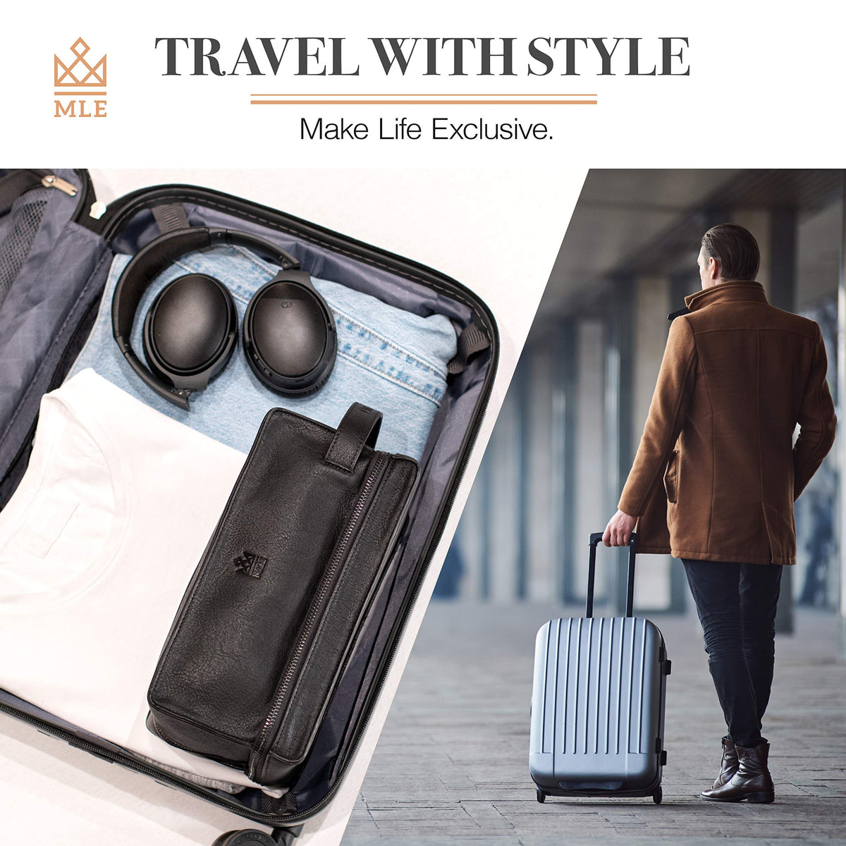 MAKE LIFE EXCLUSIVE Mens Leather Toiletry Bag – Travel Dopp Kit, Shaving Bag, Grooming & Hygiene Organizer, Leather Toiletry Bag for Men, Gift for Him