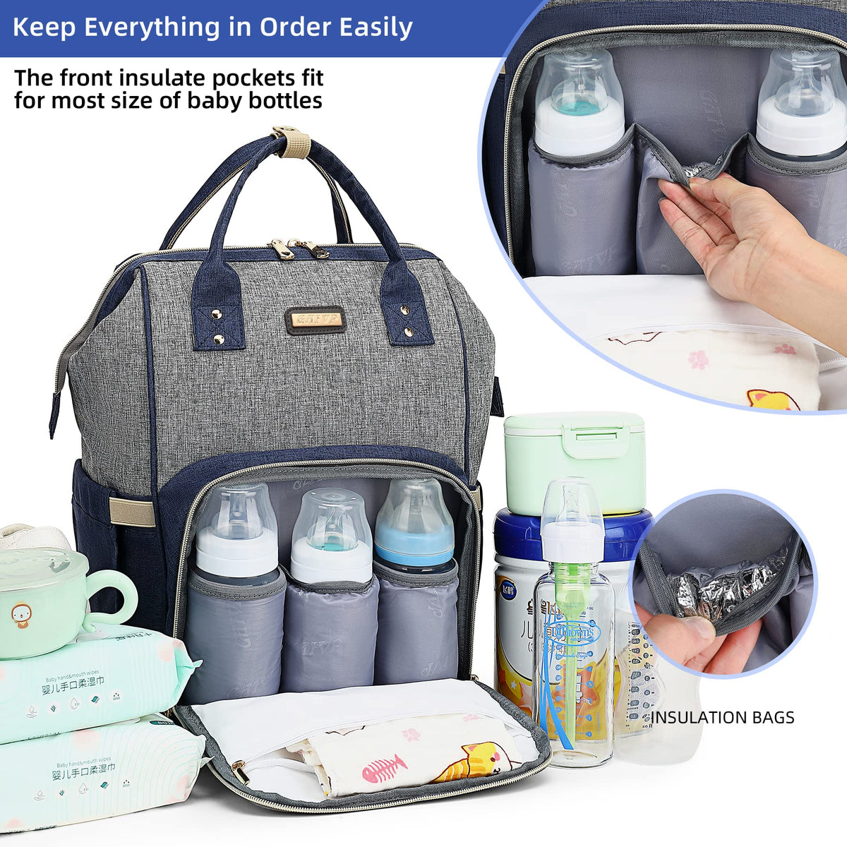 Diaper Bag Backpack, Diaper Bags for Baby Girls Boys, Baby Bags for Moms Dads, Nappy Changing Bag with Insulated Pockets,Multi-functional Waterproof Backpack with Stroller straps- Light Grey Blue