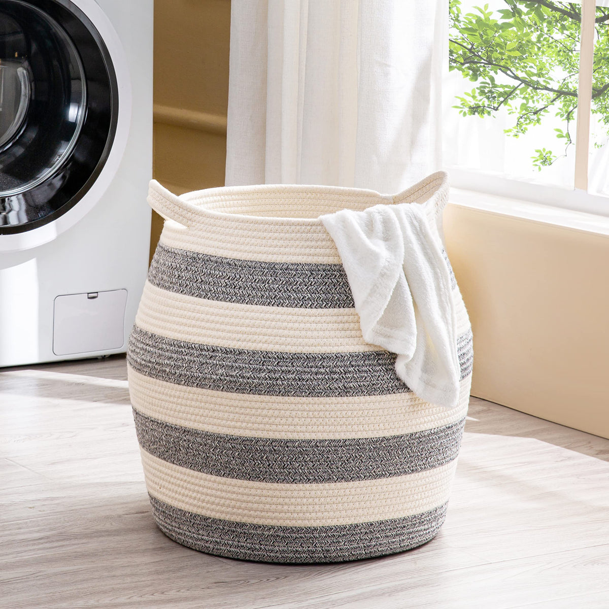 KAKAMAY Woven Baskets for Storage(17"x17"),Large Cotton Rope Basket Woven Baby Laundry Hamper,Collapsible Laundry Basket, Blanket Basket for Organizing Living Room,Nursery,Pillows,Toy Chest(Grey)