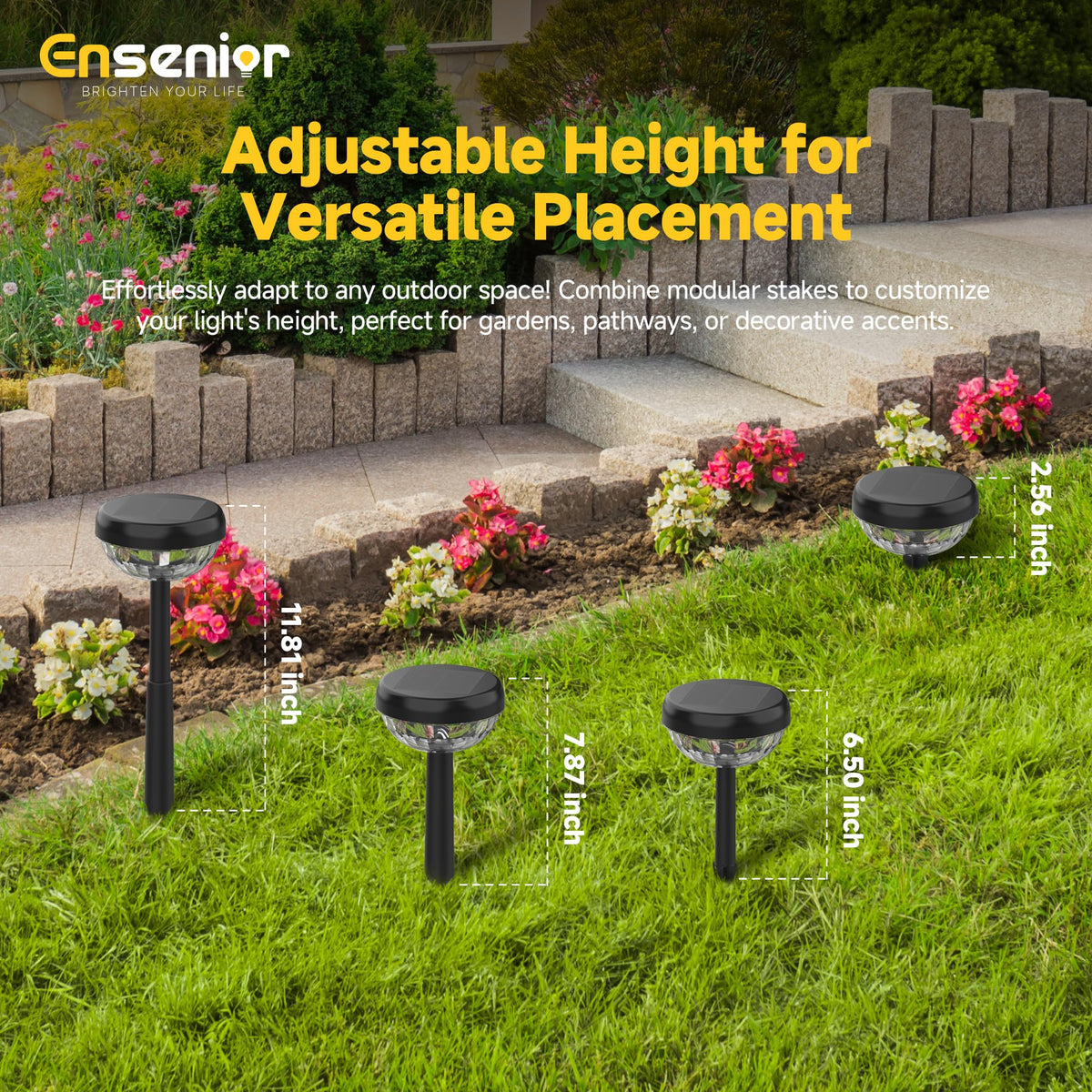 Ensenior Solar Garden Lights, 10-Pack, 3000K Warm White LED, Waterproof, Adjustable Height, Plastic, Model CP4-12CM-30K-10-BL-ZY