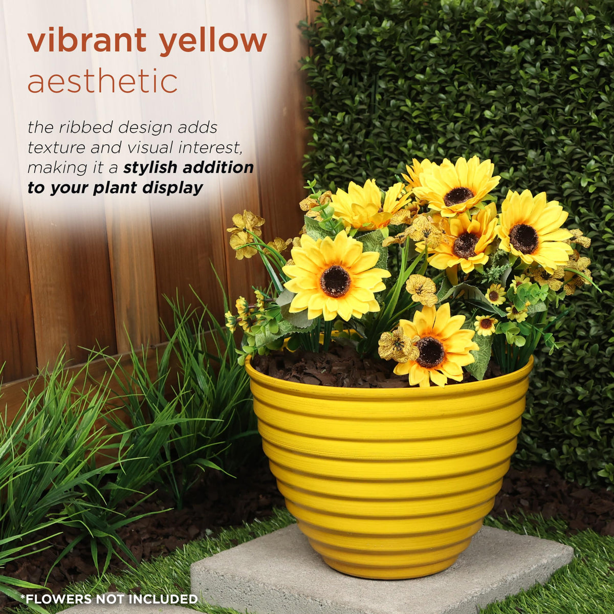 Alpine Corporation TWM116HH-S-YL Indoor/Outdoor 12" Round Plastic Planter, Ribbed Planter with Drainage Hole and Plug, Yellow