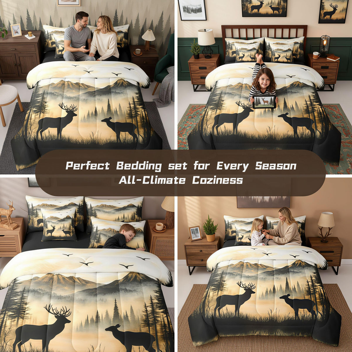 jejeloiu Western Rustic Cute Deer Cabin Comforter Set Queen with Sheets for Kids Boys Girls Hunting 7 Pieces Bedding Set Country Farmhouse Bed in a Bag Foggy Mountain Room Decor