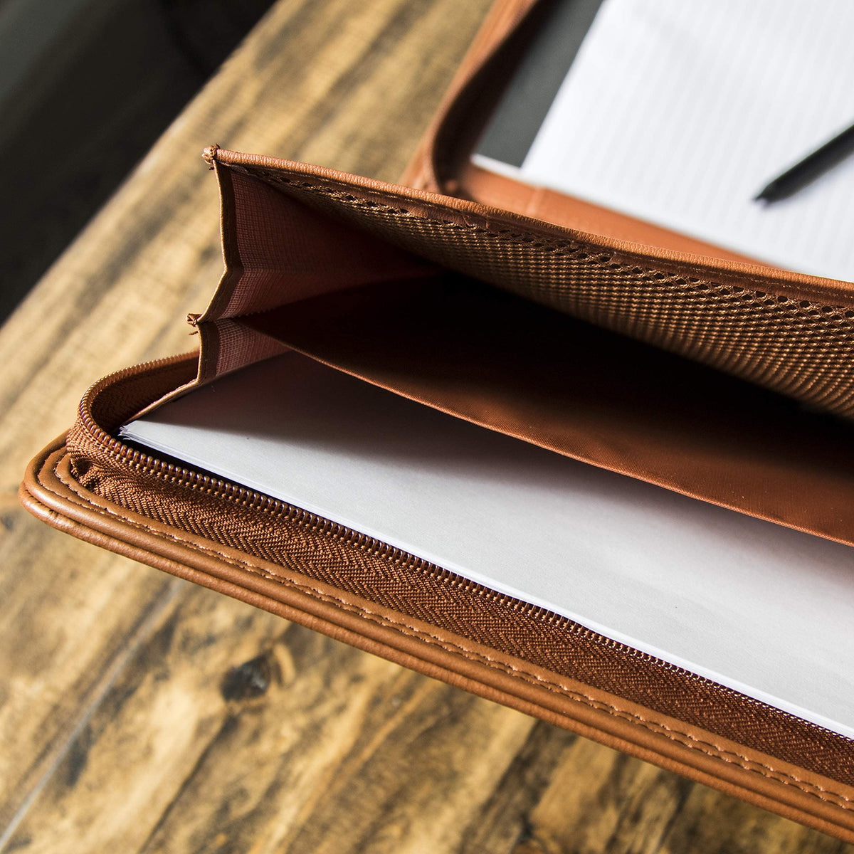 Cossini Premium Business Portfolio with Zipper – Padfolio - Superior Business Impressions Begin with PU Vegan Leather, 10.1 Inch Tablet Sleeve, Smart Storage, Solar Calculator, Writing Pad - Tan