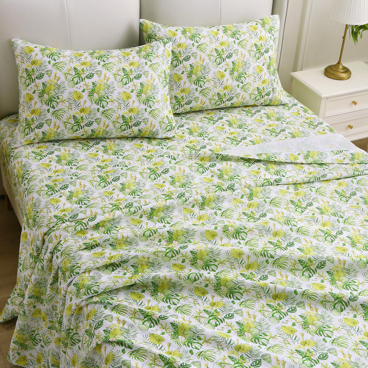 Viviland Floral Twin Sheet Set - 3 Piece Jungle Greenery Botanical Patterned Bed Sheets - Soft, Breathable Microfiber Sheets with Deep Pocket, Non-Slip Fitted Sheets & Pillowcases