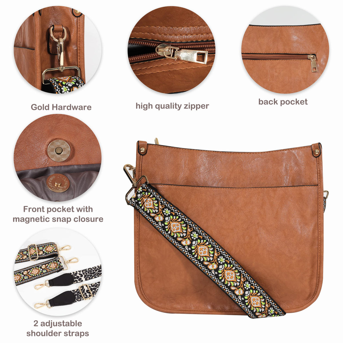 Cross Body Bag Purses for Women with Guitar Strap, Trendy Vegan Faux Leather Shoulder Bag Designer Handbag with 2 Strap (Brown)