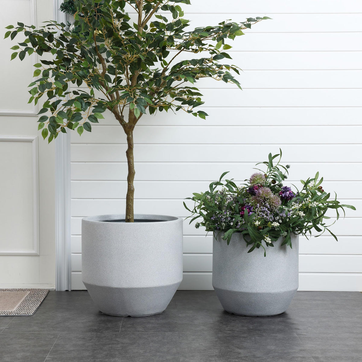 LuxenHome 14.5-Inch Dia Round Concrete Planters, Large Indoor Outdoor Decorative Plant Pots with Drainage Holes and Rubber Plug, Modern Matte Gray Minimalist Flower Pot Planters for Home Garden Patio
