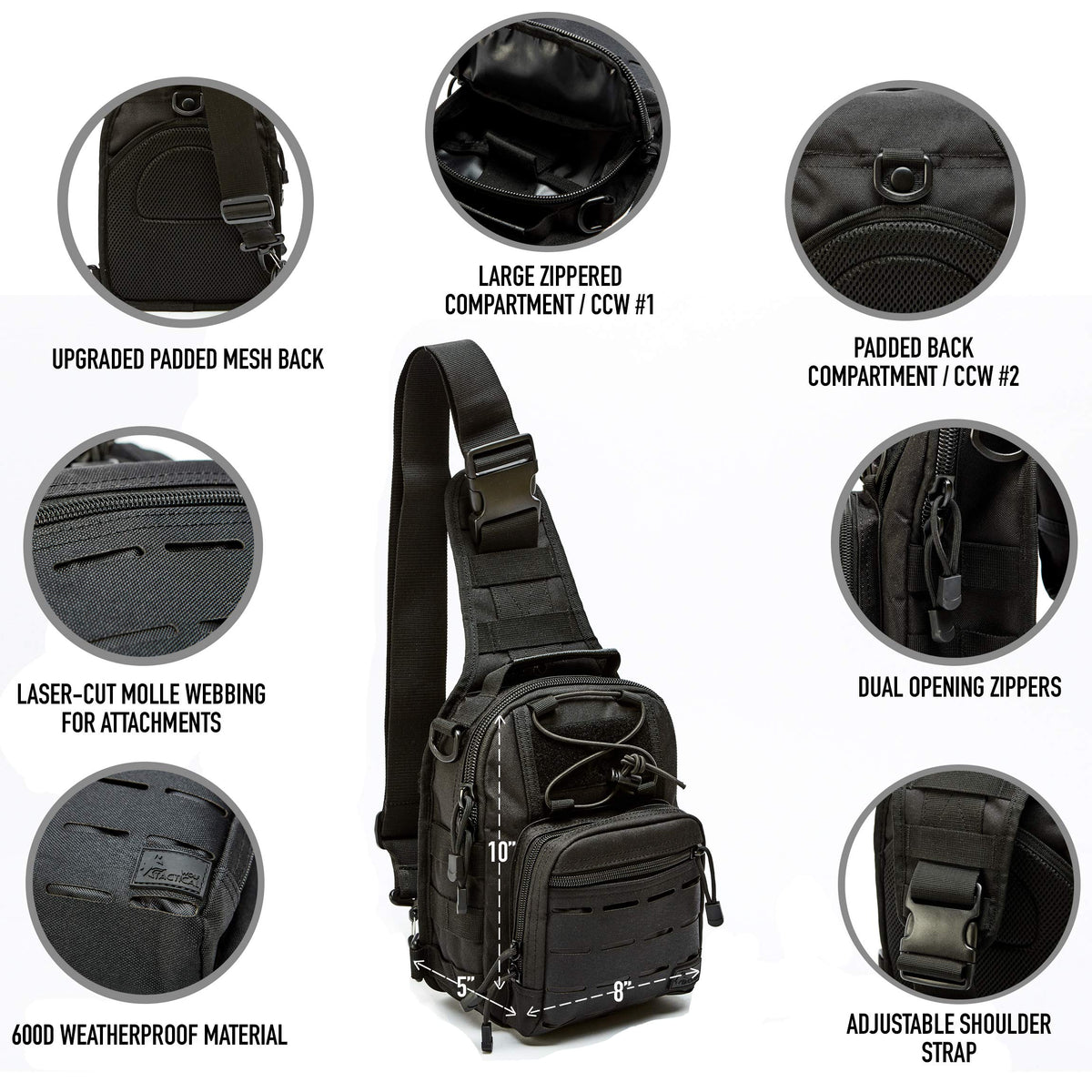WOLF TACTICAL EDC Sling Bag - Concealed Carry Sling Pack with Laser-Cut MOLLE, Lightweight Tactical Crossbody for Range, Hiking, Travel & Daily Preparedness (Black)